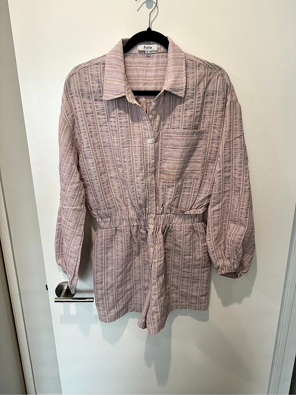 Fate Striped Utility Romper in Purple & White Size Small Like New